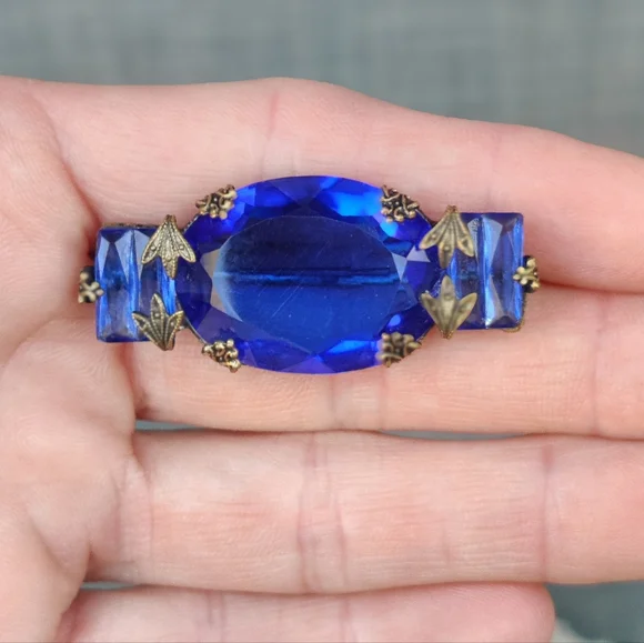 Antique Victorian Blue Czech Glass Ornate Brooch - Picture 6 of 8